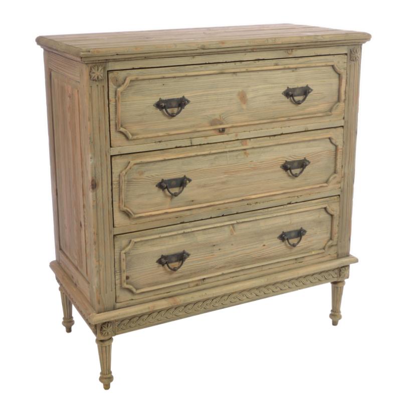 A rustic three-drawer wooden chest of drawers with a distressed light beige finish and dark metal pull handles, shown on a plain white background.