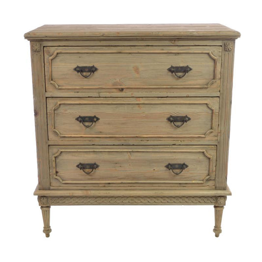 A rustic three-drawer wooden chest of drawers with a weathered beige finish and dark metal handles, shown against a plain white background.