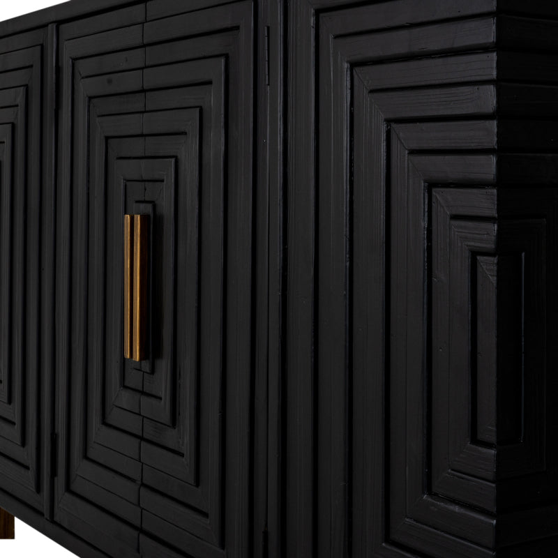 Black cabinet with geometric patterns and a gold handle on a white background