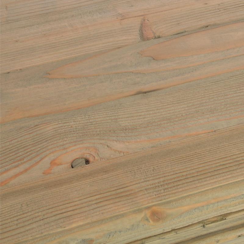 Close-up of natural wood planks with visible grain, knots, and a light tan color.