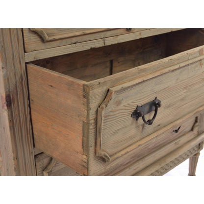 Wooden dresser with a drawer open, showing a rustic design.
