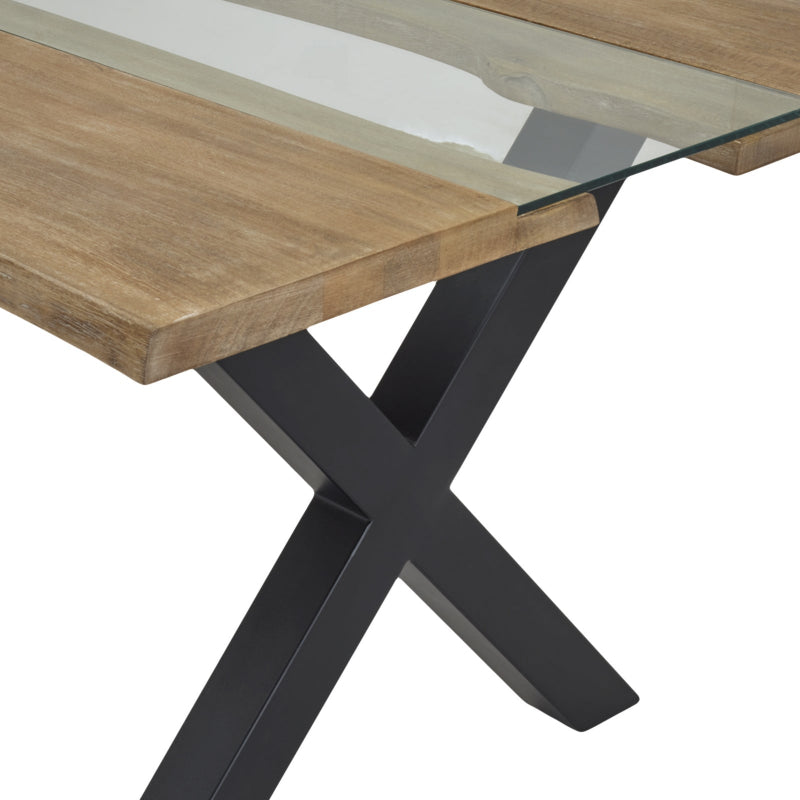 Table with wooden top and glass surface on black metal X-shaped legs
