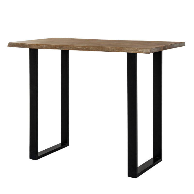 Table with wooden top and black metal legs on a white background