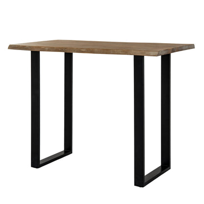Table with wooden top and black metal legs on a white background