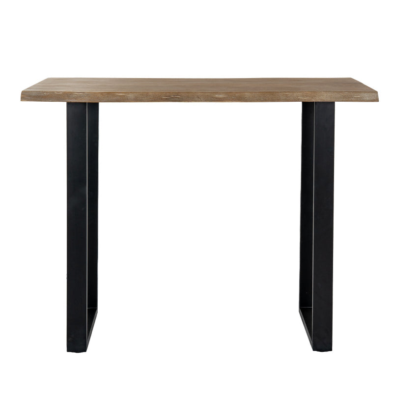 Table with wooden top and black metal legs on a white background