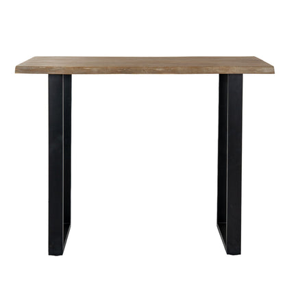 Table with wooden top and black metal legs on a white background
