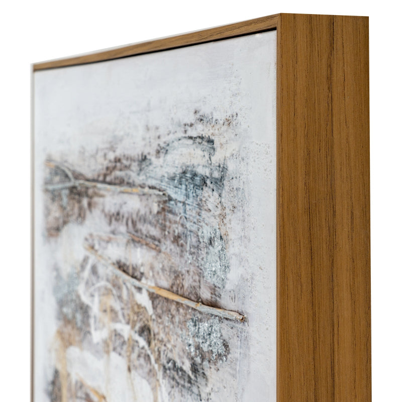 Framed abstract artwork with a wooden frame on a white background