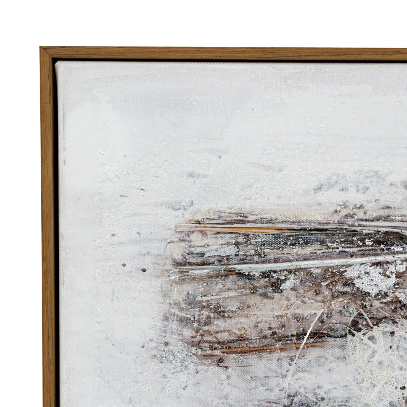 Framed abstract art with a textured white background and wooden elements.