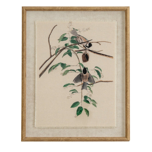 Framed artwork of birds on branches with leaves on a beige background