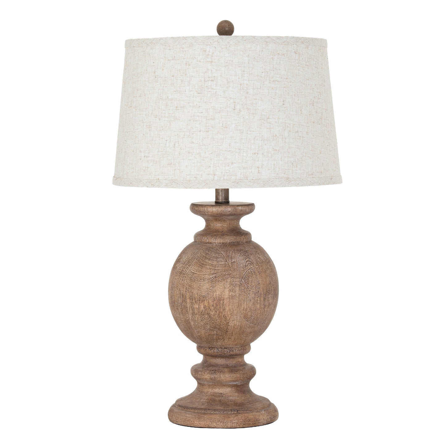 Table lamp with wooden base and white shade on a white background