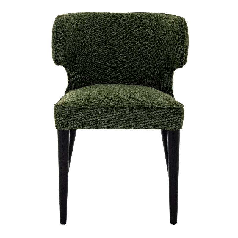 Green upholstered chair with black legs on a white background