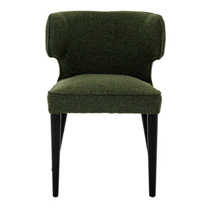 Green upholstered chair with black legs on a white background