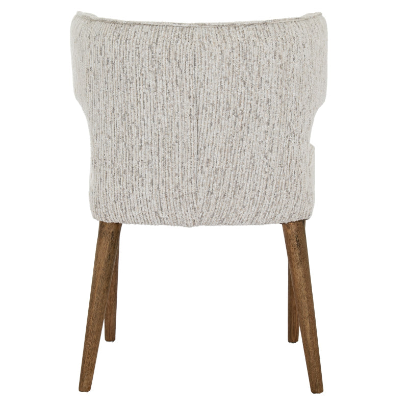 Chair with textured gray cushioned backrest and wooden legs on a white background