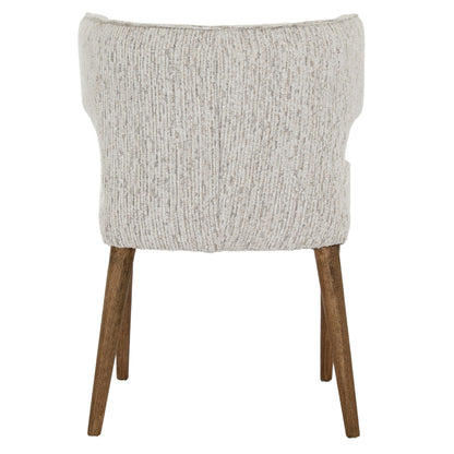 Chair with textured gray cushioned backrest and wooden legs on a white background