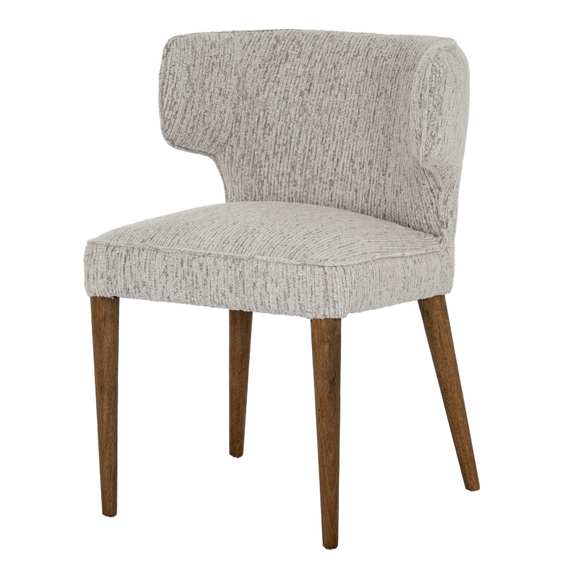 Gray upholstered chair with wooden legs on a white background