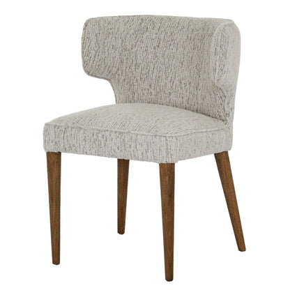 Gray upholstered chair with wooden legs on a white background