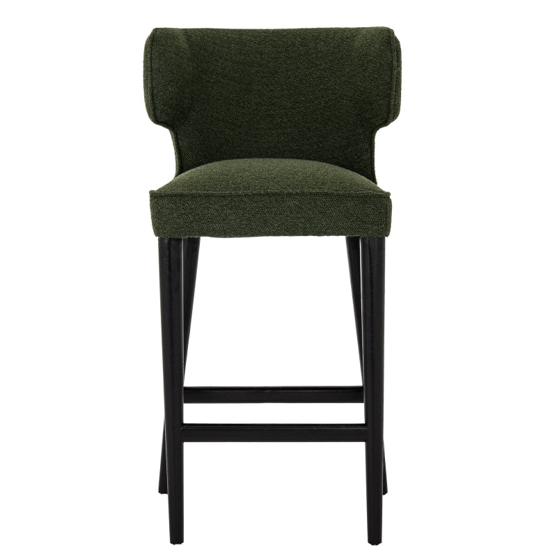 Green bar stool with black legs on a white background