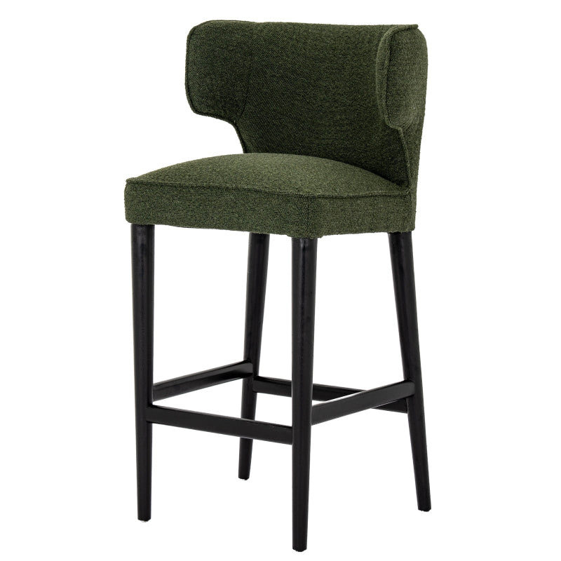 Green bar stool with black legs on a white background