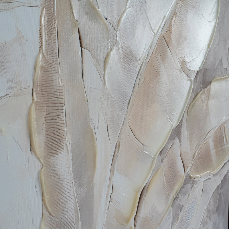 Abstract art piece with textured beige and gray shapes on a light background