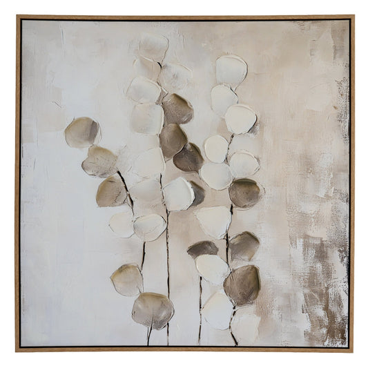 Abstract art piece with beige and brown tones on a textured background