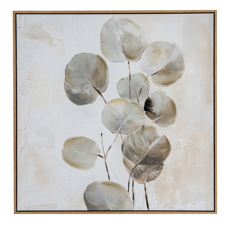 Framed artwork of eucalyptus leaves on a light background