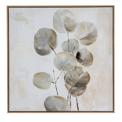 Framed artwork of eucalyptus leaves on a light background