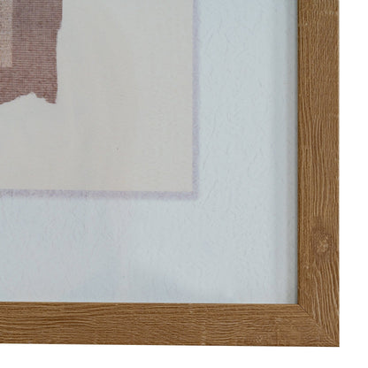Close-up of a wooden picture frame with a white mat and artwork on a white background