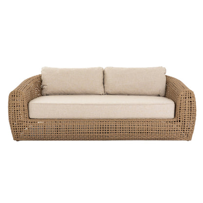 Beige sofa with wicker frame on a white background