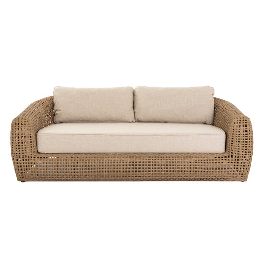 Beige sofa with wicker frame on a white background