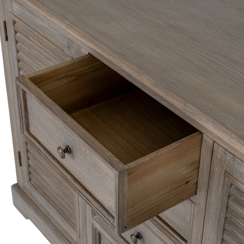 Wooden dresser with an open drawer on a white background