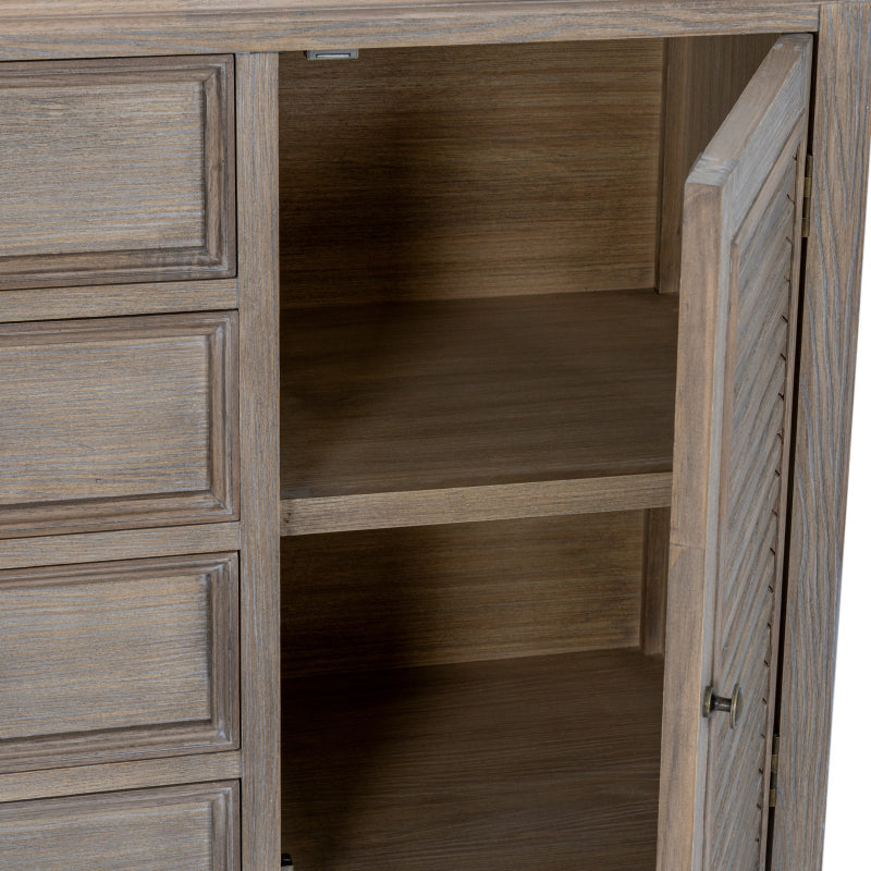 Wooden cabinet with open door revealing empty shelves