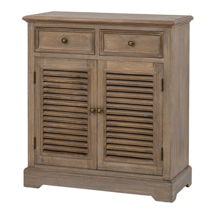 Wooden cabinet with two doors and two drawers on a white background