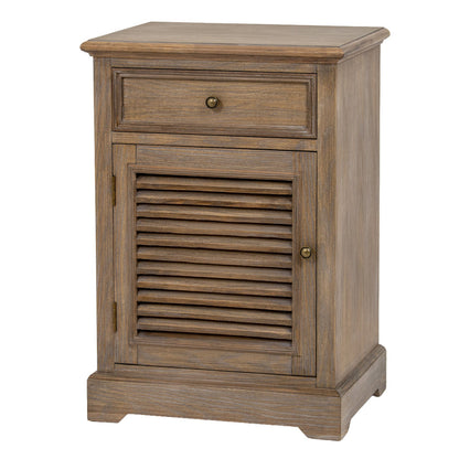 Wooden nightstand with a drawer and shutter door on a white background
