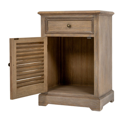 Wooden side table with a drawer and open shutter door on a white background