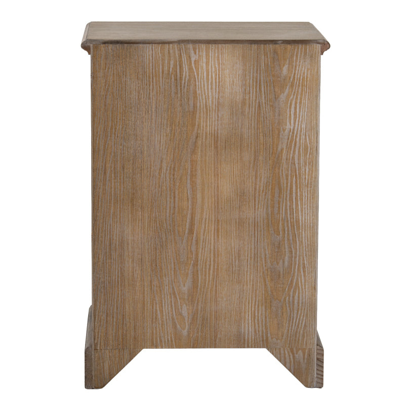 Wooden side table with a beige top on a white background
