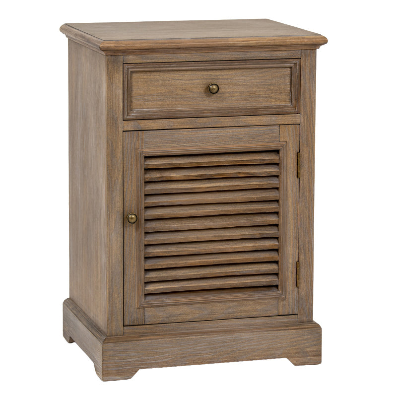 Wooden nightstand with a drawer and shutter door on a white background