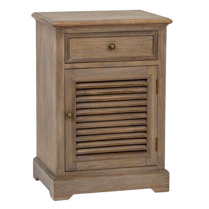 Wooden nightstand with a drawer and shutter door on a white background