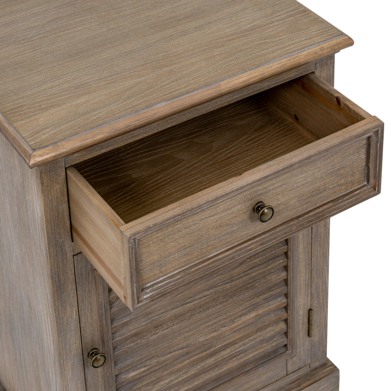 Wooden side table with an open drawer on a white background