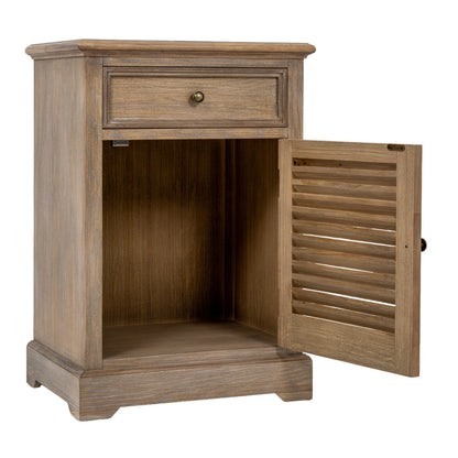 Wooden side table with a drawer and open shutter door on a white background