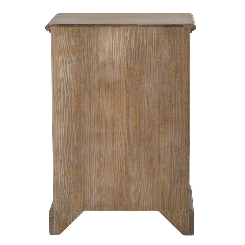 Wooden side table with a beige top on a white background