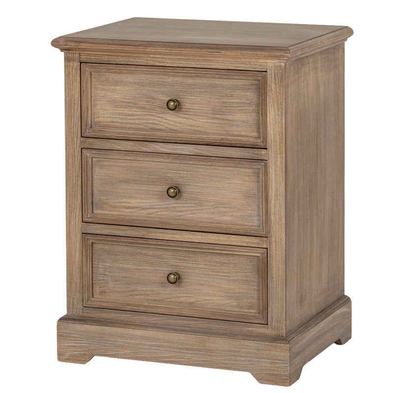 Wooden nightstand with three drawers on a white background