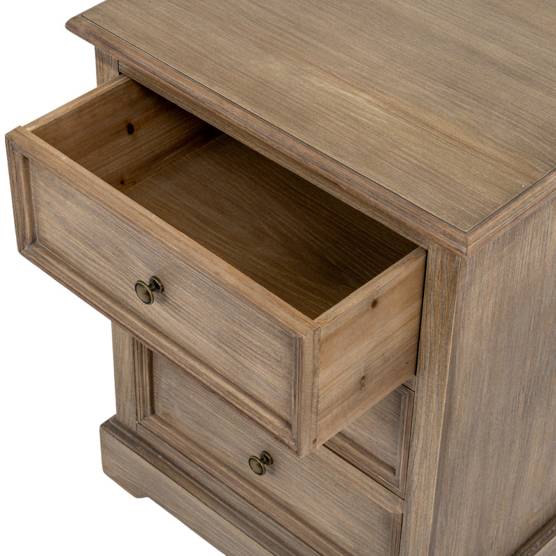 Wooden dresser with open drawer on a white background
