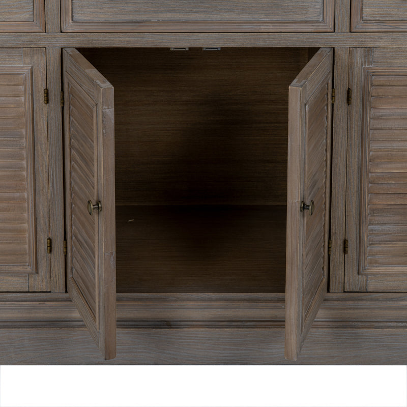 Wooden cabinet with open doors showing a dark interior.
