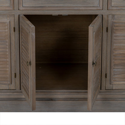 Wooden cabinet with open doors showing a dark interior.