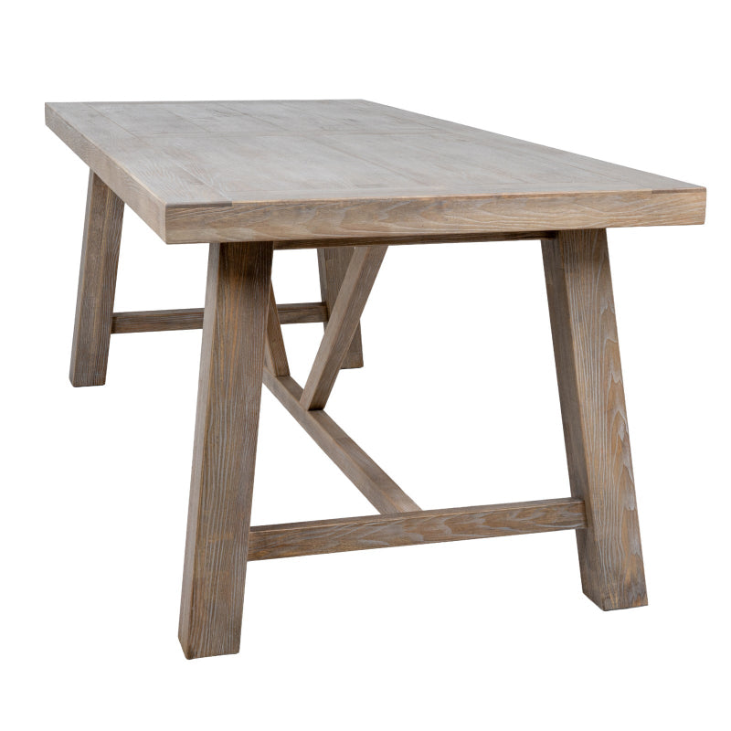 Wooden dining table with a rustic design on a white background