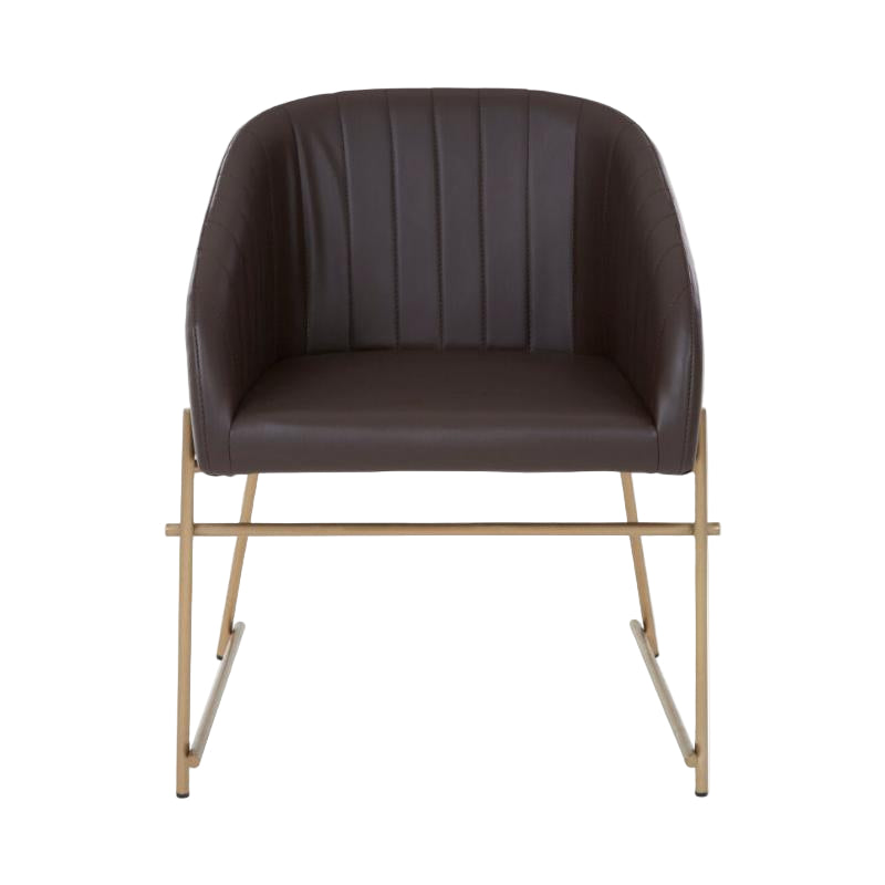 Brown upholstered chair with gold metal frame on a white background