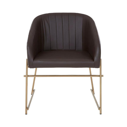 Brown upholstered chair with gold metal frame on a white background