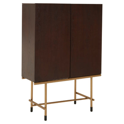 Dark brown cabinet with gold metal legs on a white background