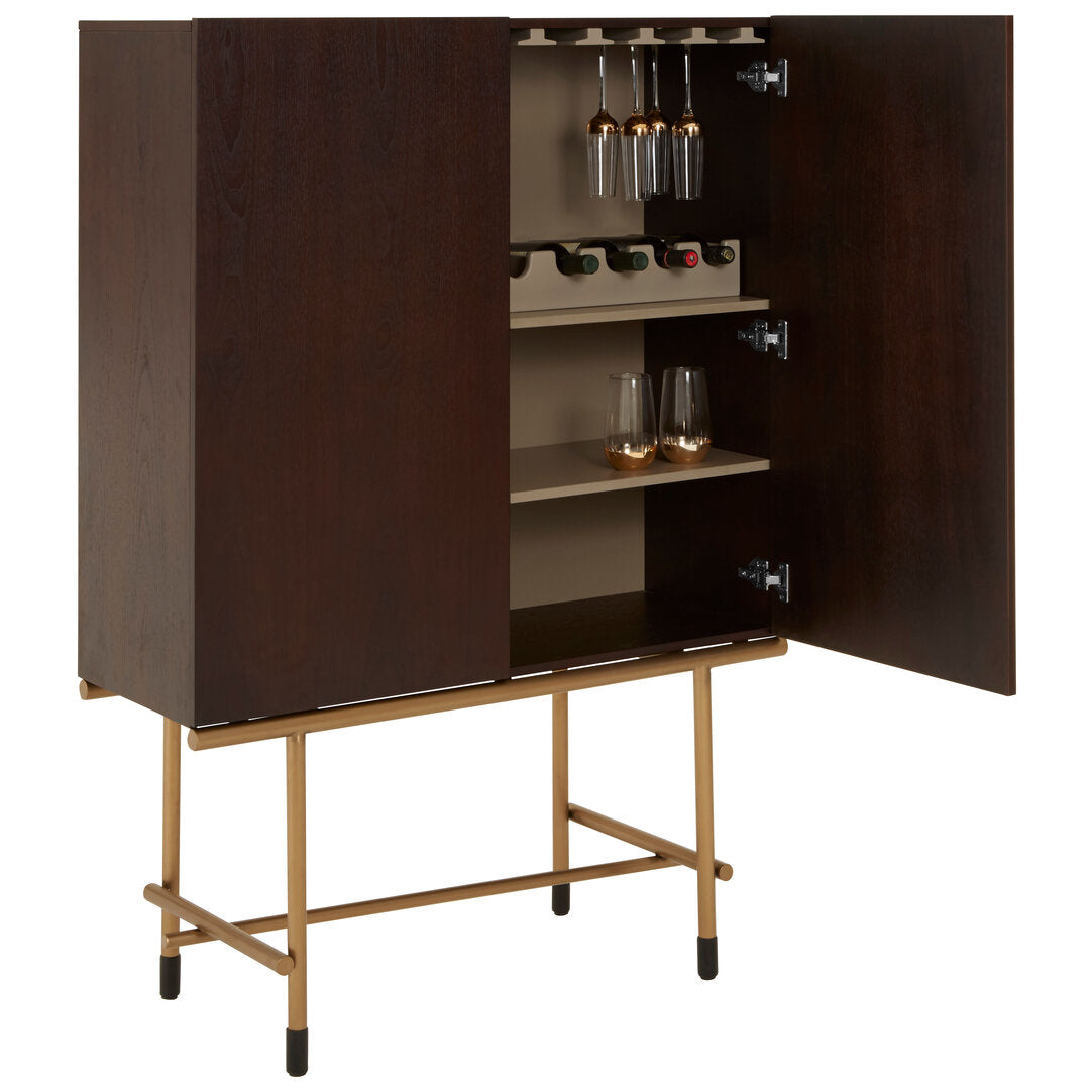 Brown bar cabinet with open doors displaying wine bottles and glasses on a white background