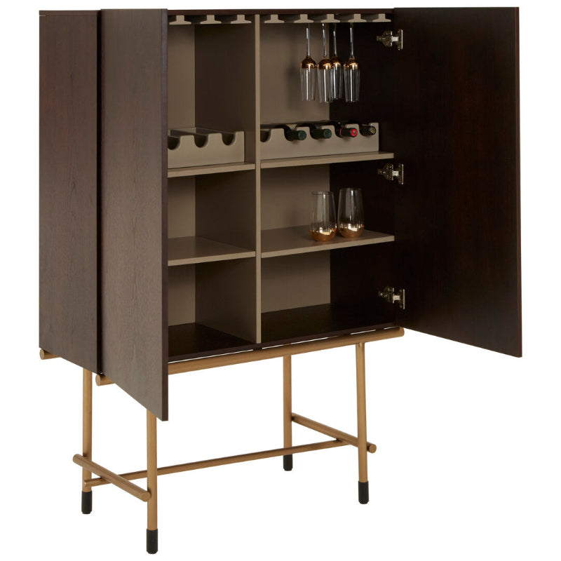 Bar cabinet with open doors displaying wine bottles and glasses on a white background